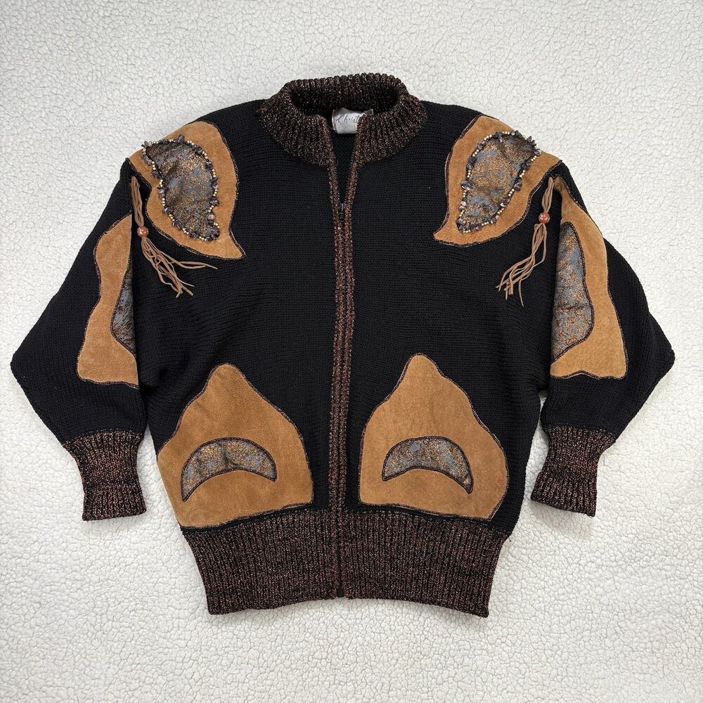 Vtg 80s Christine Knit Jacket Zip Sweater Embellished Beaded‎ Suede Wool Tassels